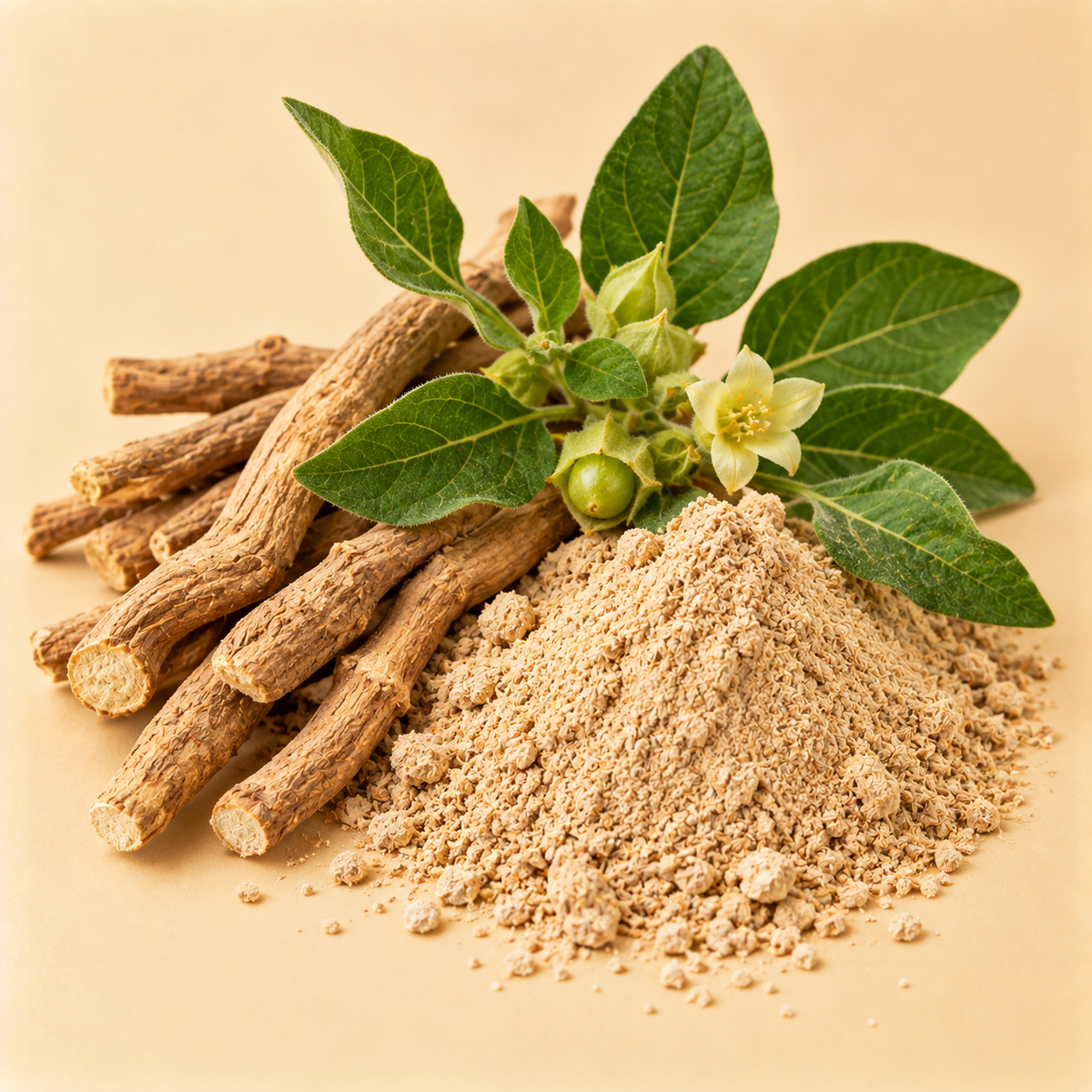 Ashwagandha root powder with whole root and fresh botanical leaves