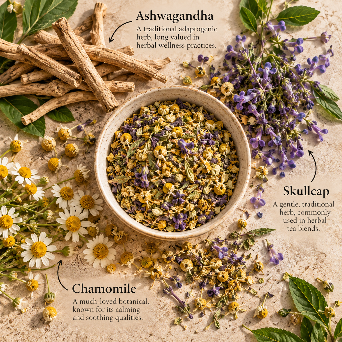 Serenity Tea Blend with ashwagandha, skullcap and chamomile botanicals