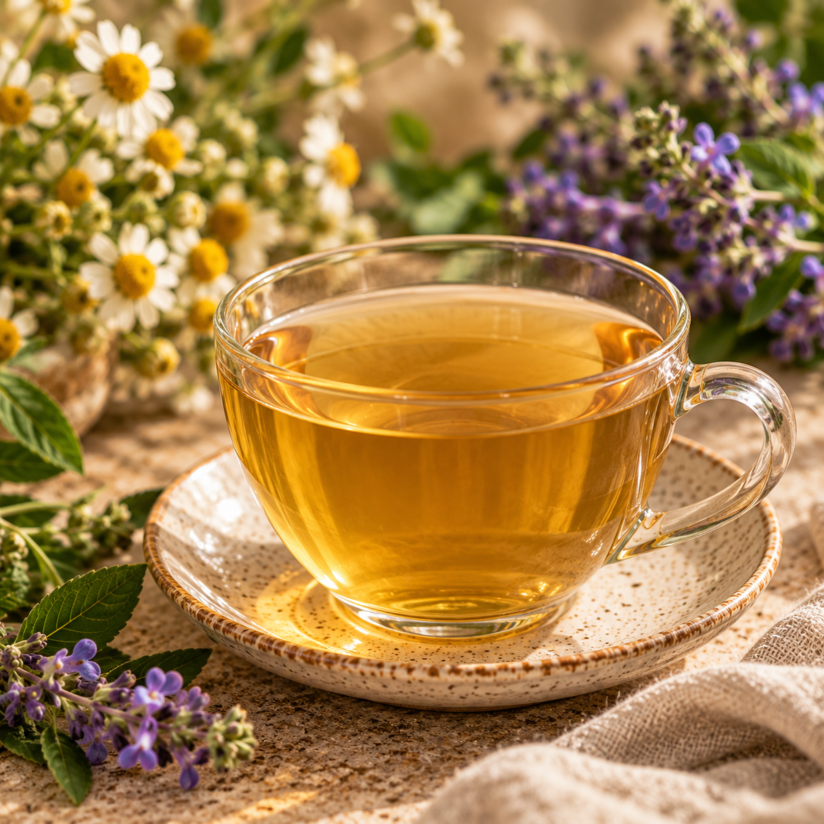 Filtered Serenity herbal tea with chamomile, skullcap and ashwagandha botanicals