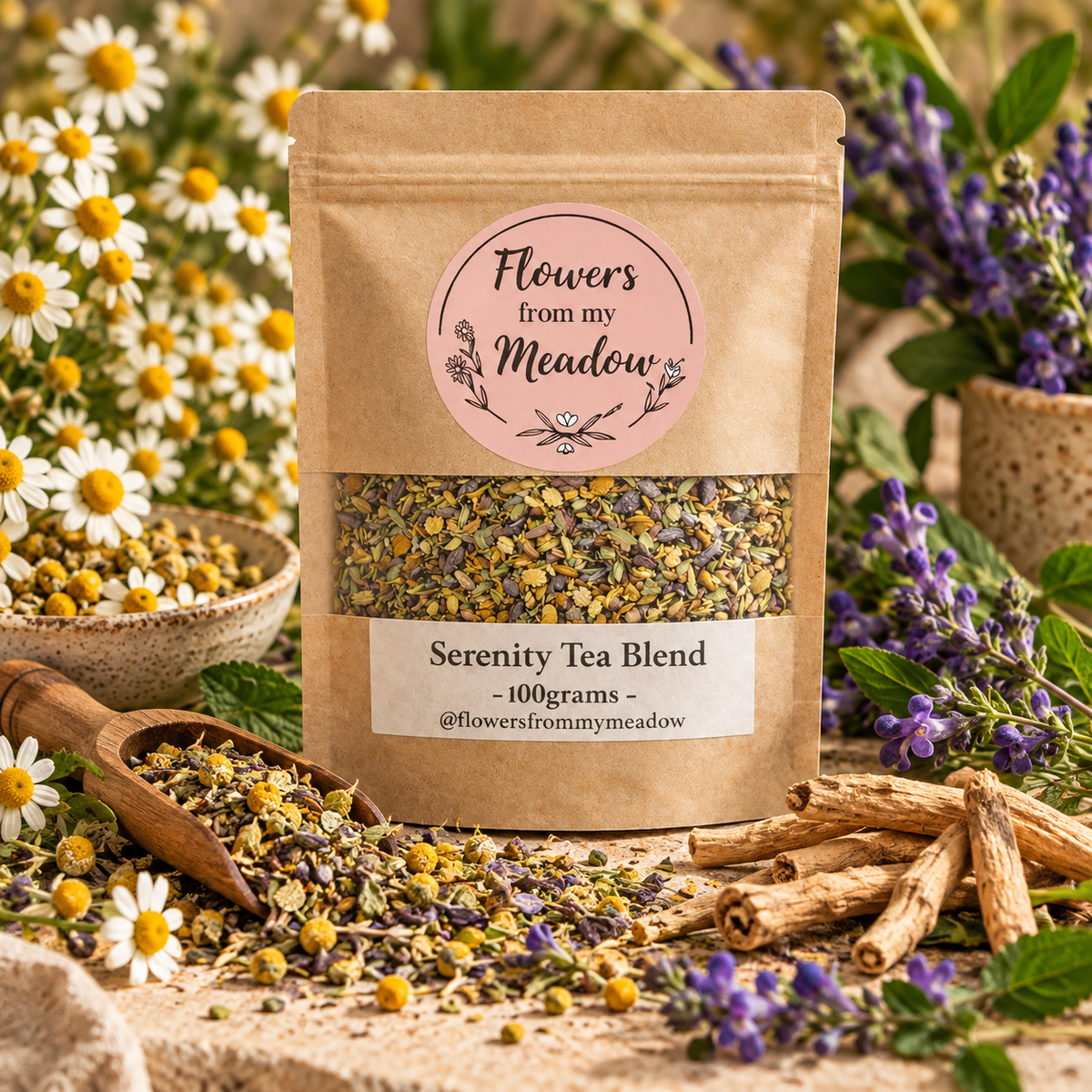 Serenity Tea Blend with chamomile, skullcap and ashwagandha botanicals
