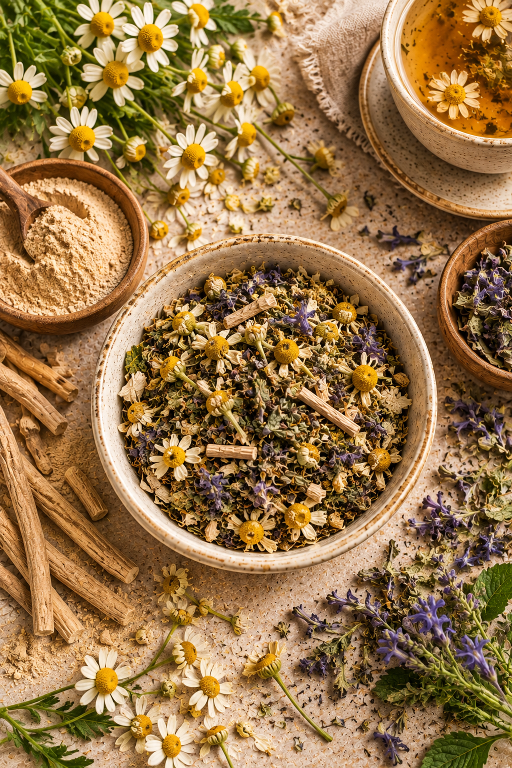 Serenity Tea Blend with ashwagandha root powder, skullcap and chamomile
