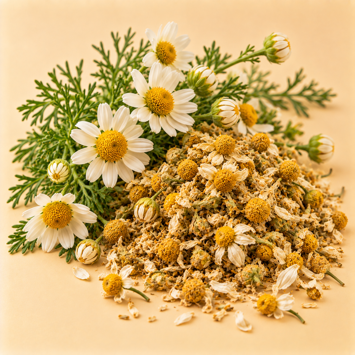 Chamomile with fresh flowers and dried flower heads used in Serenity Tea Blend