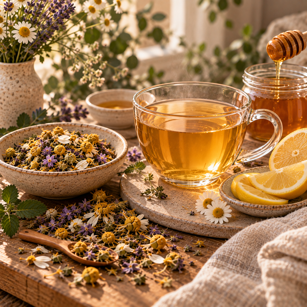 Strained Serenity Tea served with honey and lemon for a personalised tea ritual