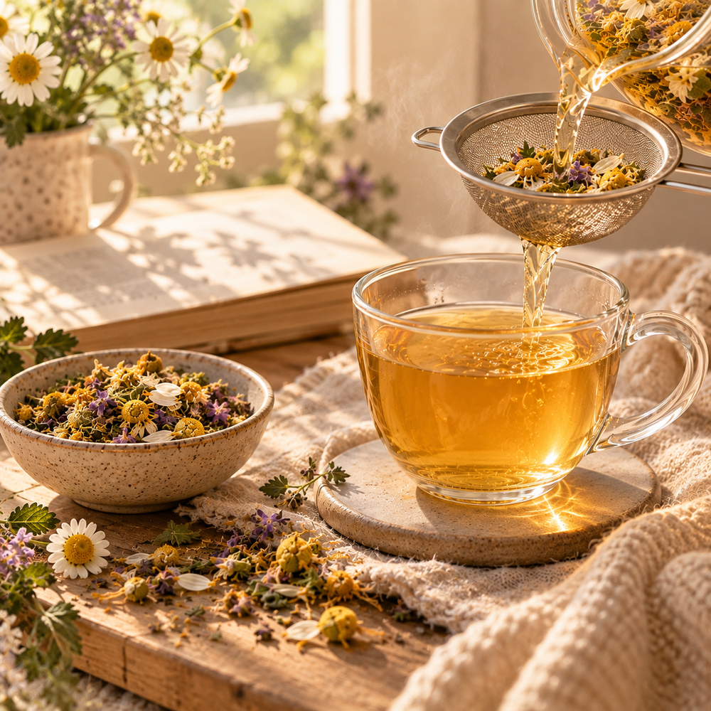 Strained Serenity Tea enjoyed as a warm and peaceful morning tea ritual
