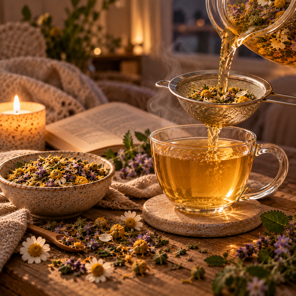 Strained Serenity Tea enjoyed as a warm and unhurried evening tea ritual