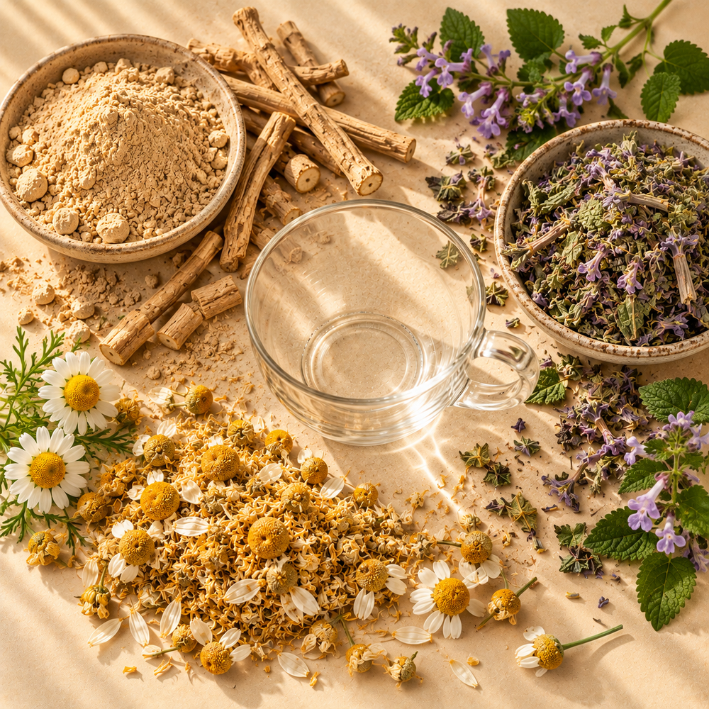 Serenity Tea Blend dry botanicals with ashwagandha root powder, skullcap and chamomile