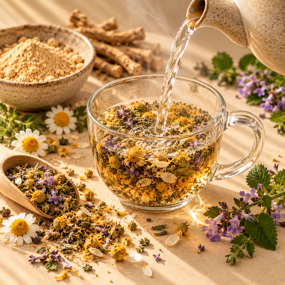 Freshly boiled water poured over Serenity Tea Blend with ashwagandha, skullcap and chamomile