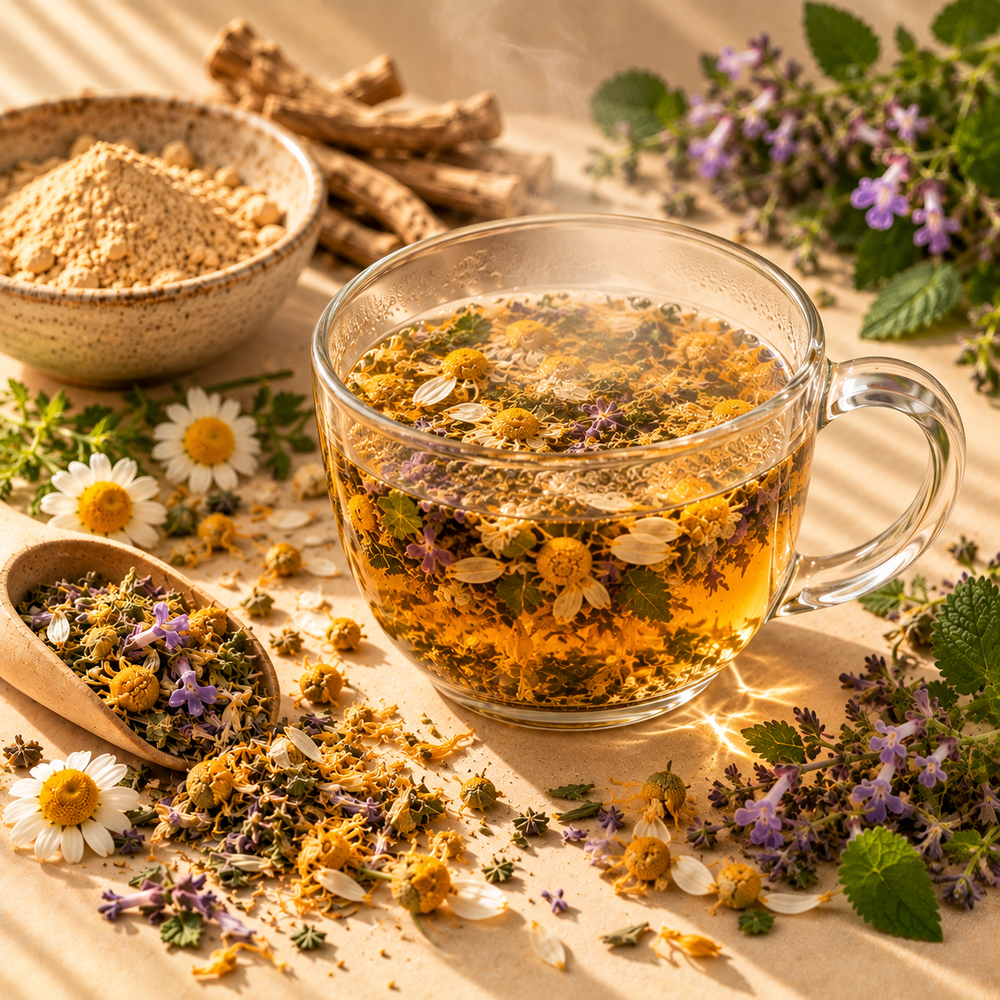 Serenity Tea Blend infusing with ashwagandha, skullcap and chamomile