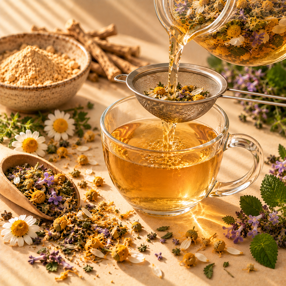 Serenity Tea Blend strained into a clear glass cup after brewing