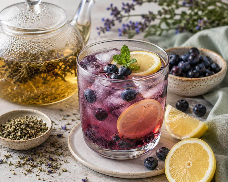 Iced Skullcap herbal tea with blueberries, fresh lemon and ice