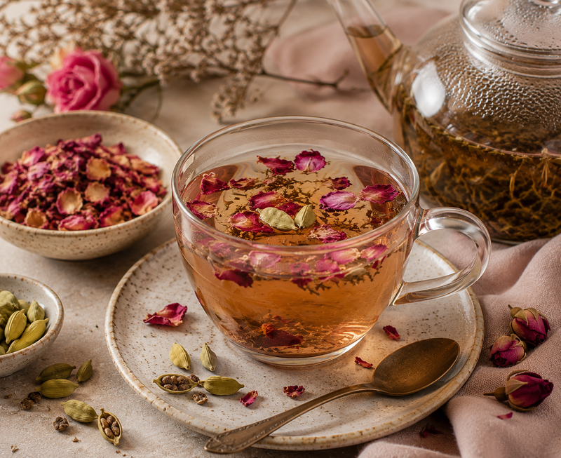 Skullcap herbal tea with rose petals and cardamom