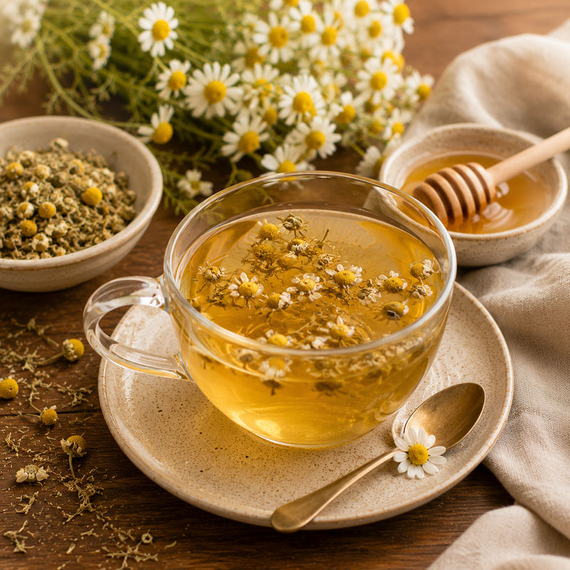 Skullcap and chamomile herbal tea served with honey