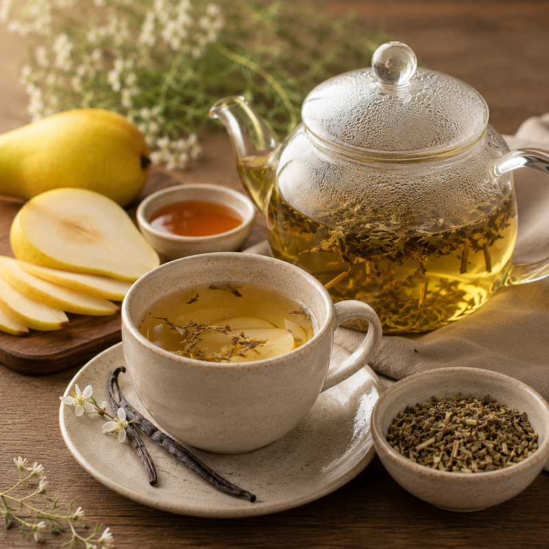 Skullcap herbal infusion with fresh pear and vanilla