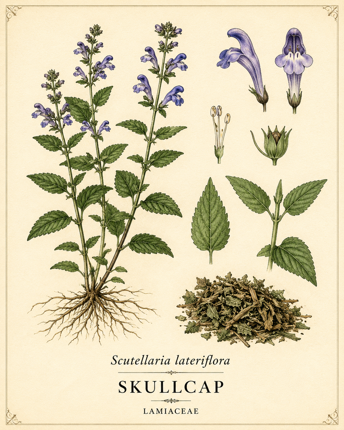 Botanical illustration of Skullcap Scutellaria lateriflora showing flowers, leaves, roots and dried herb