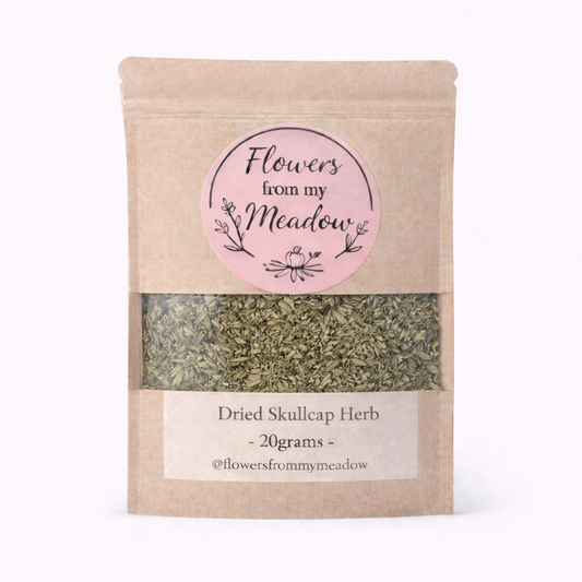 Package of dried skullcap herb with 'Flowers from my Meadow' label on a white background