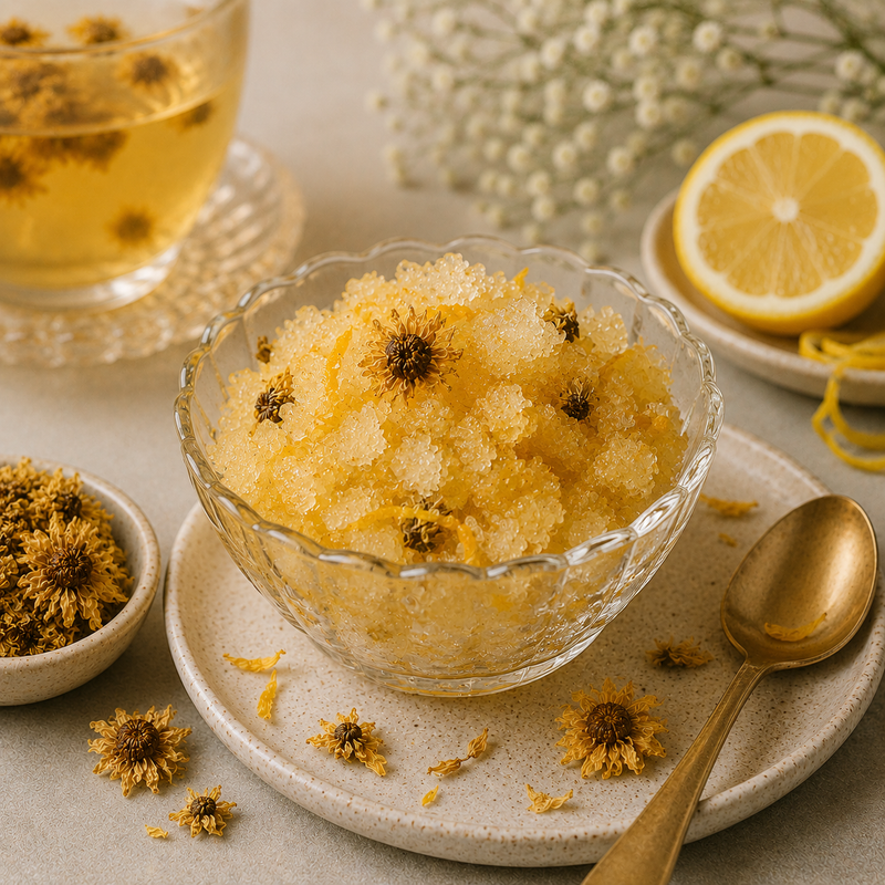 Snow Chrysanthemum and citrus granita with golden botanical infusion, fresh lemon and dried Snow Chrysanthemum flowers
