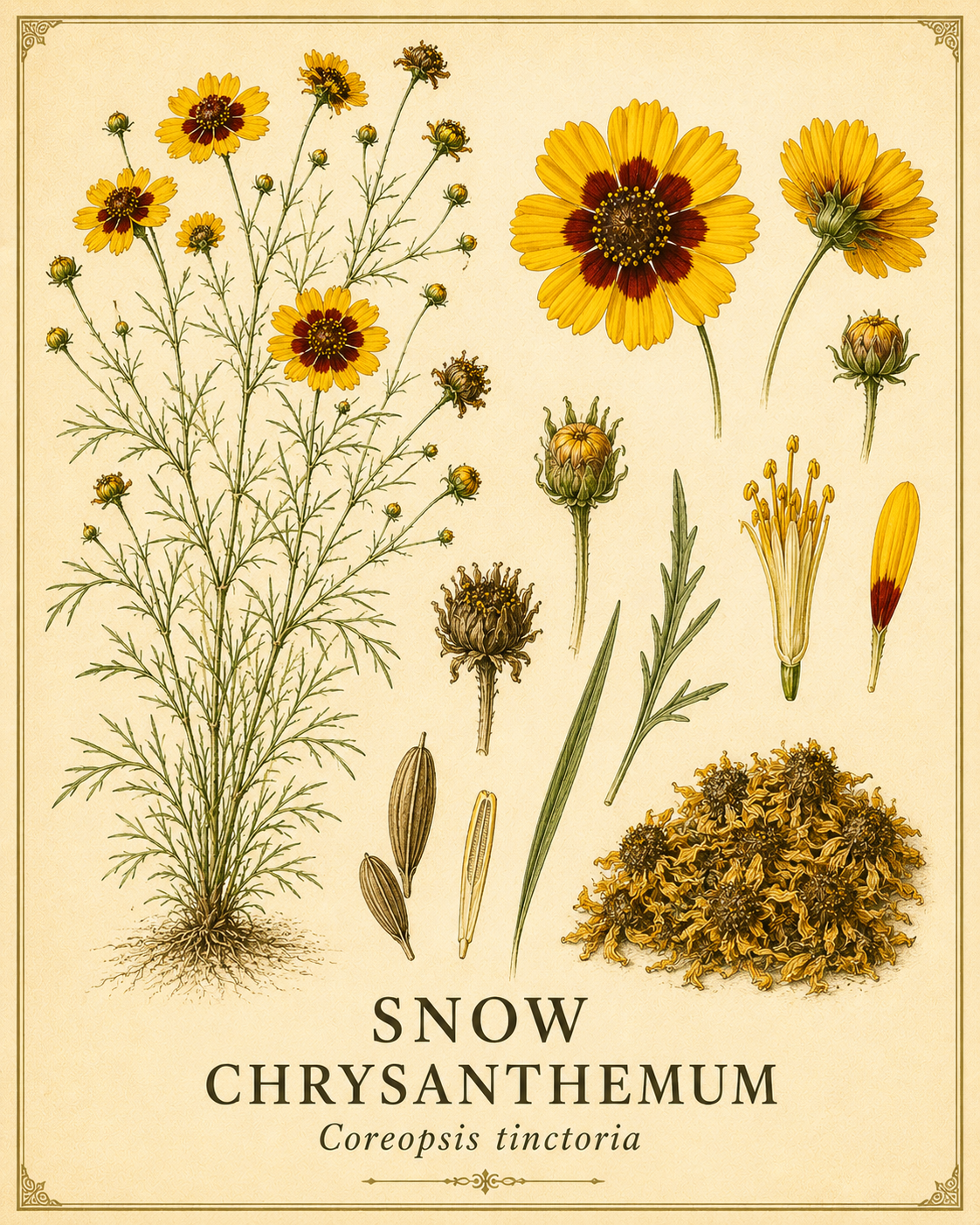 Vintage botanical profile of Snow Chrysanthemum (Coreopsis tinctoria) showing the flowering plant, golden-yellow and maroon flowers, buds, seeds and dried flower heads