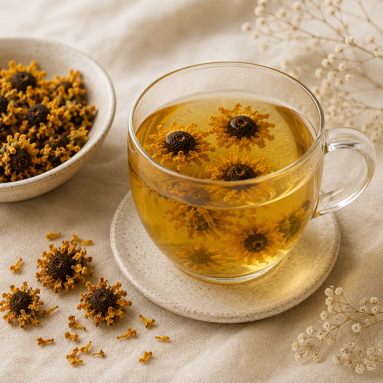 Golden Snow Chrysanthemum Flower herbal tea infusion with dried flowers