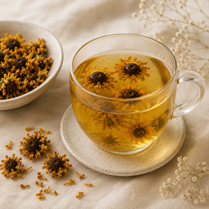 Golden Snow Chrysanthemum Flower herbal tea infusion with dried flowers