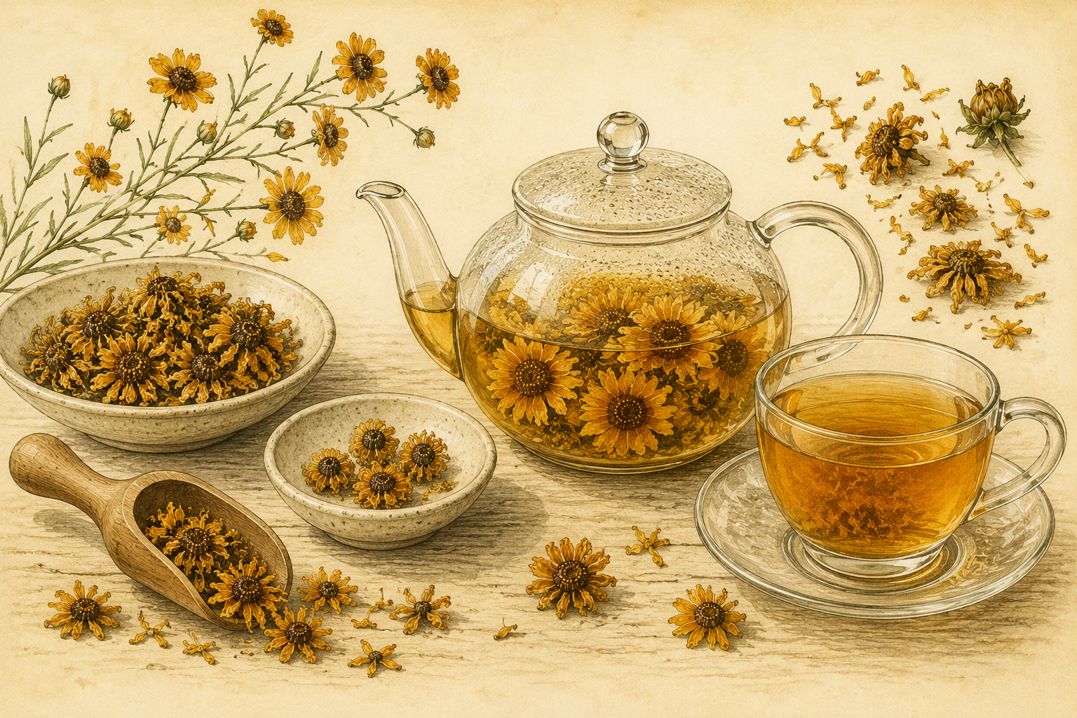 Illustrated Snow Chrysanthemum tea preparation with dried Coreopsis tinctoria flowers, glass teapot and golden botanical infusion