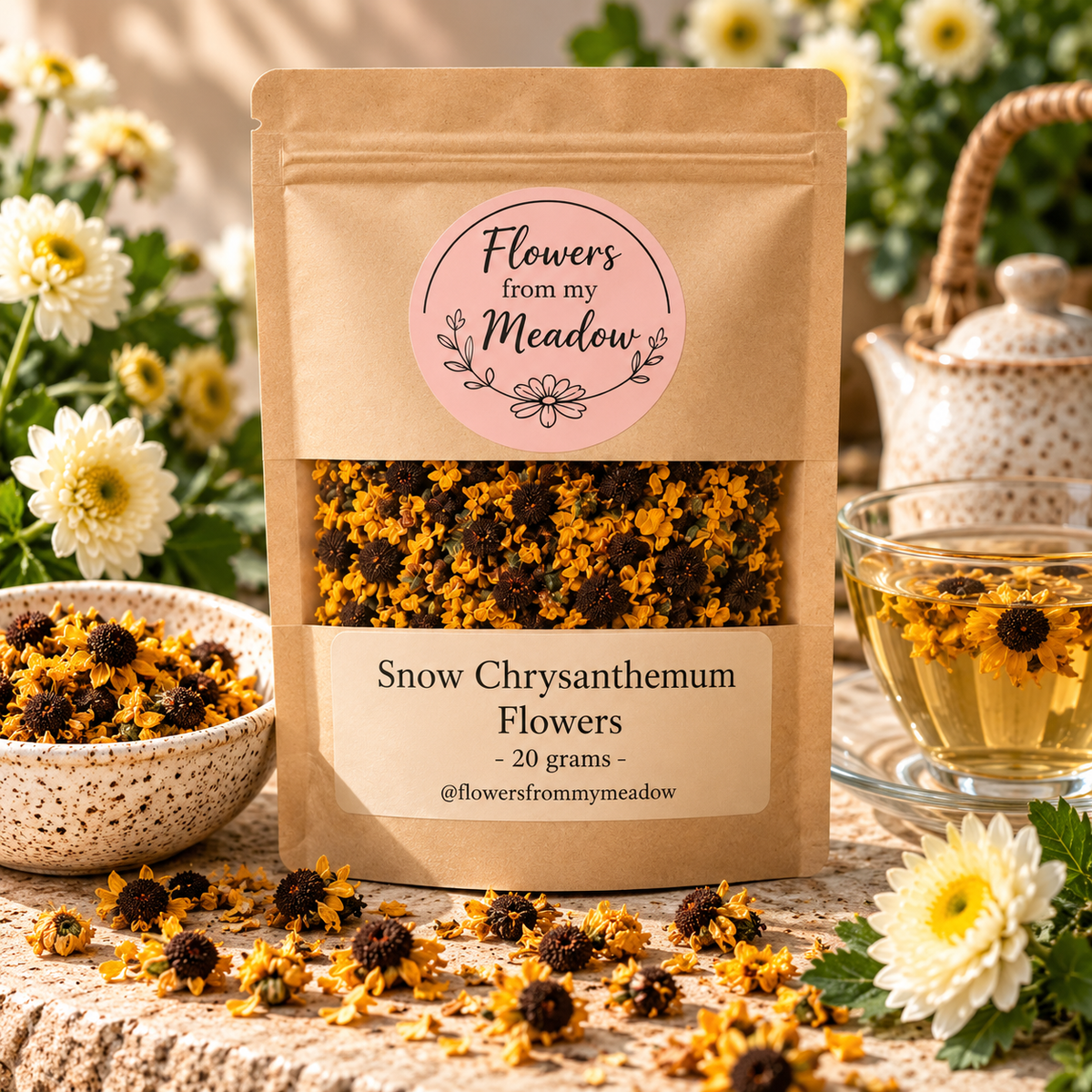 Snow Chrysanthemum Flowers 20 g resealable kraft pouch filled with dried golden yellow blossoms, styled with fresh chrysanthemums and a pale golden botanical infusion