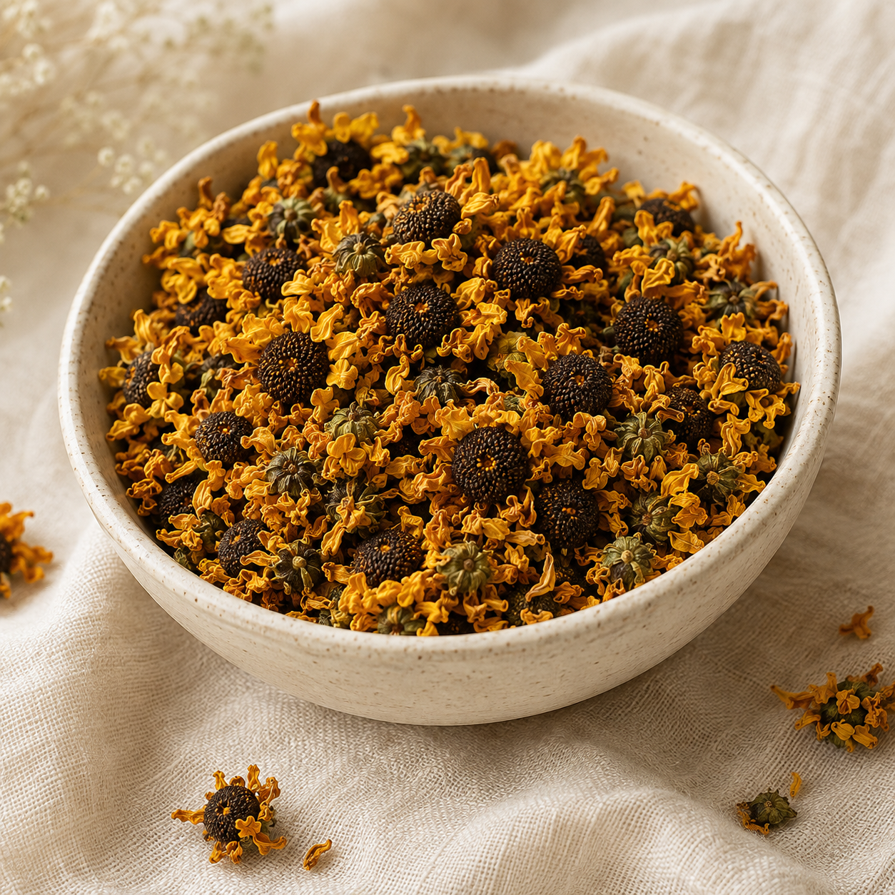 Dried Snow Chrysanthemum Flowers in a ceramic bowl showing golden petals and dark flower centres