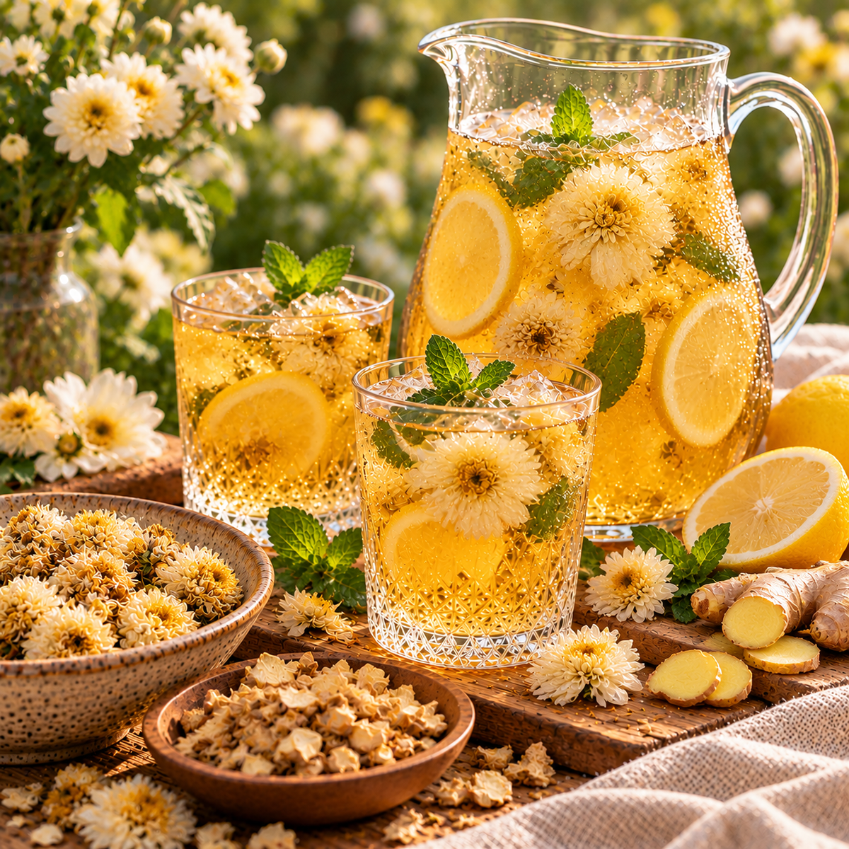 Golden Snow Chrysanthemum iced tea with ginger, fresh lemon, mint and ice