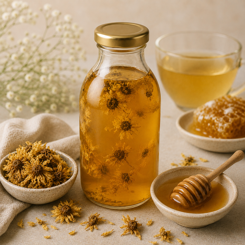 Snow Chrysanthemum and honey syrup with dried flowers, golden botanical infusion and honey