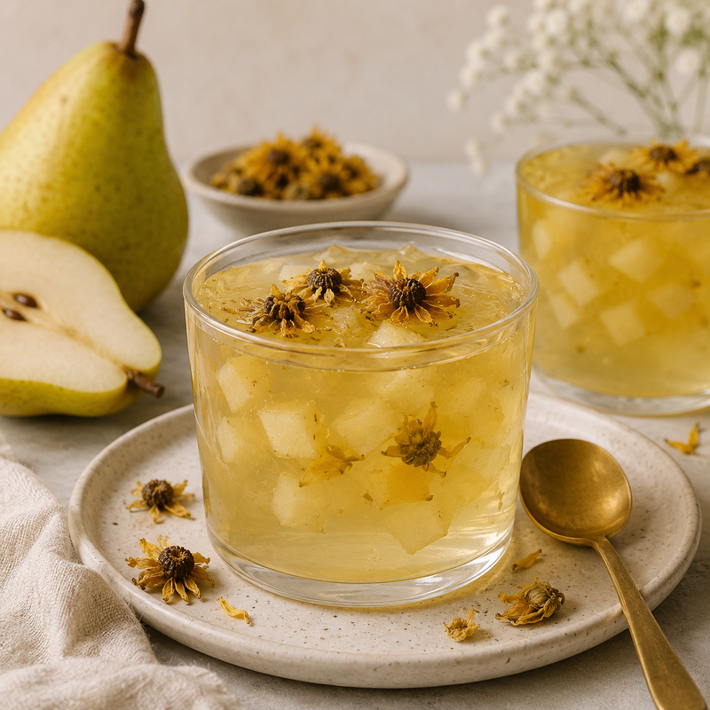 Snow Chrysanthemum and pear jelly with golden botanical infusion, fresh pear and dried Snow Chrysanthemum flowers
