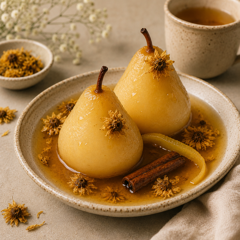 Snow Chrysanthemum poached pears in golden botanical syrup with cinnamon, lemon peel and dried flowers
