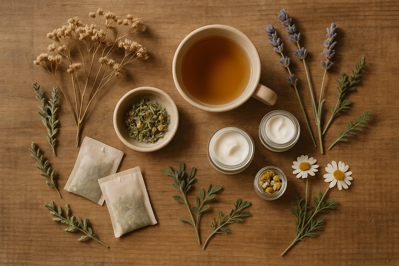Soft botanical flatlay of tea, creams, herbs on a wooden table