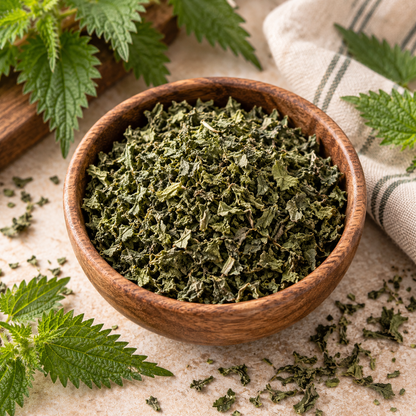 Dried Stinging Nettle Leaf in a wooden bowl showing the natural green Urtica dioica leaves