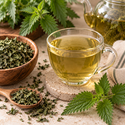 Stinging Nettle Leaf tea with dried Urtica dioica leaves and a freshly prepared golden-green herbal infusion