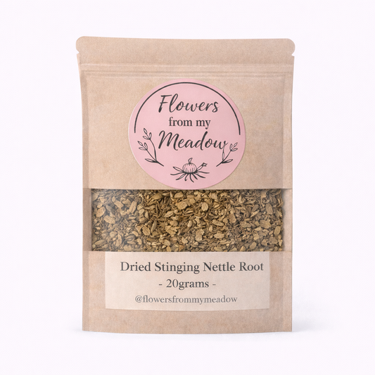 Package of dried stinging nettle root with 'Flowers from my Meadow' label on a white background