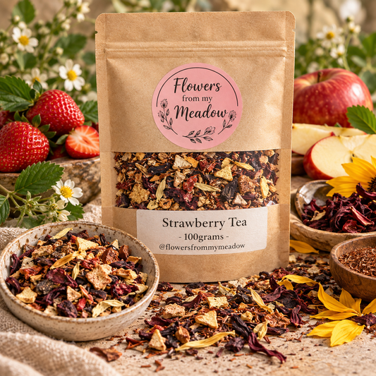 Strawberry Tea with dried strawberry, apple, hibiscus, rooibos and sunflower petals