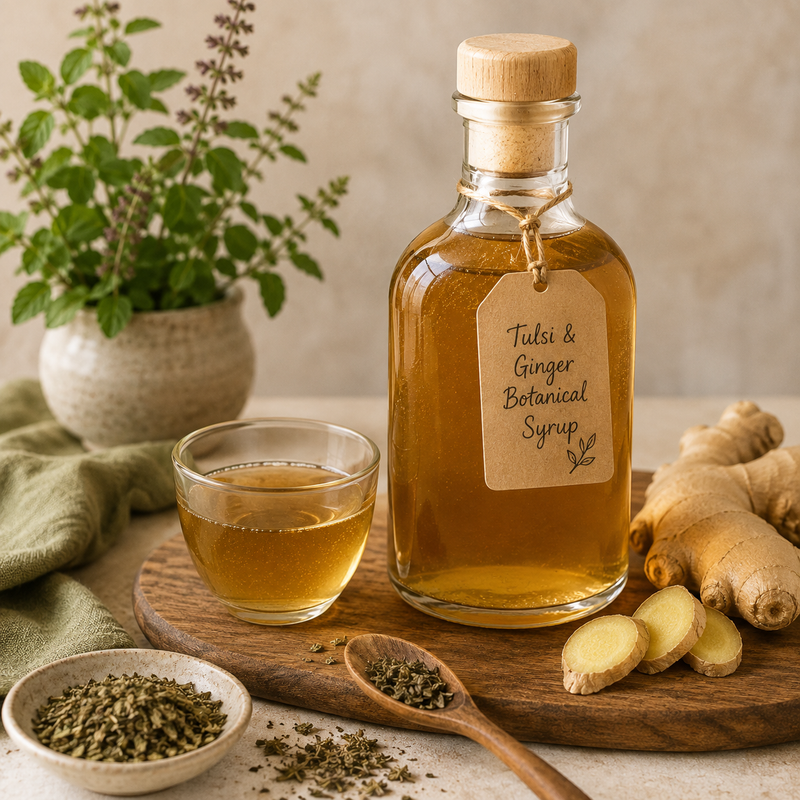 Tulsi and ginger botanical syrup with dried Tulsi Holy Basil and fresh ginger