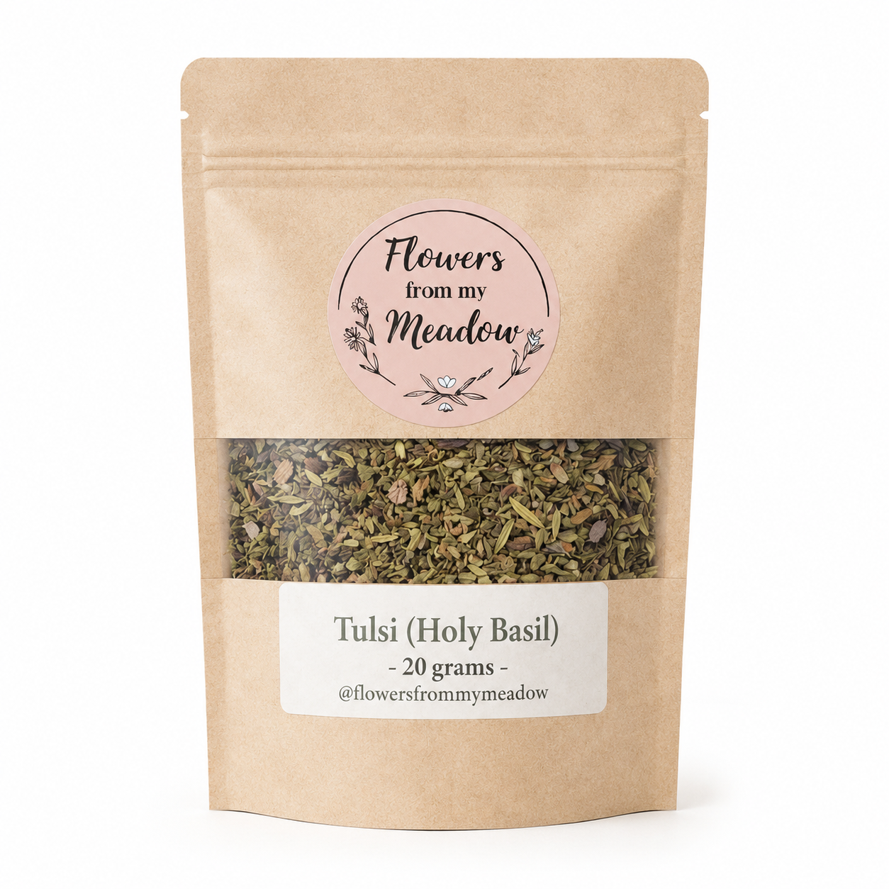 Tulsi Holy Basil 20 g resealable kraft pouch filled with dried Ocimum tenuiflorum whole plant