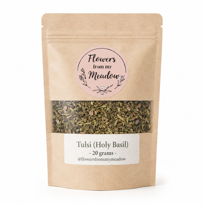 Tulsi Holy Basil 20 g resealable kraft pouch filled with dried Ocimum tenuiflorum whole plant