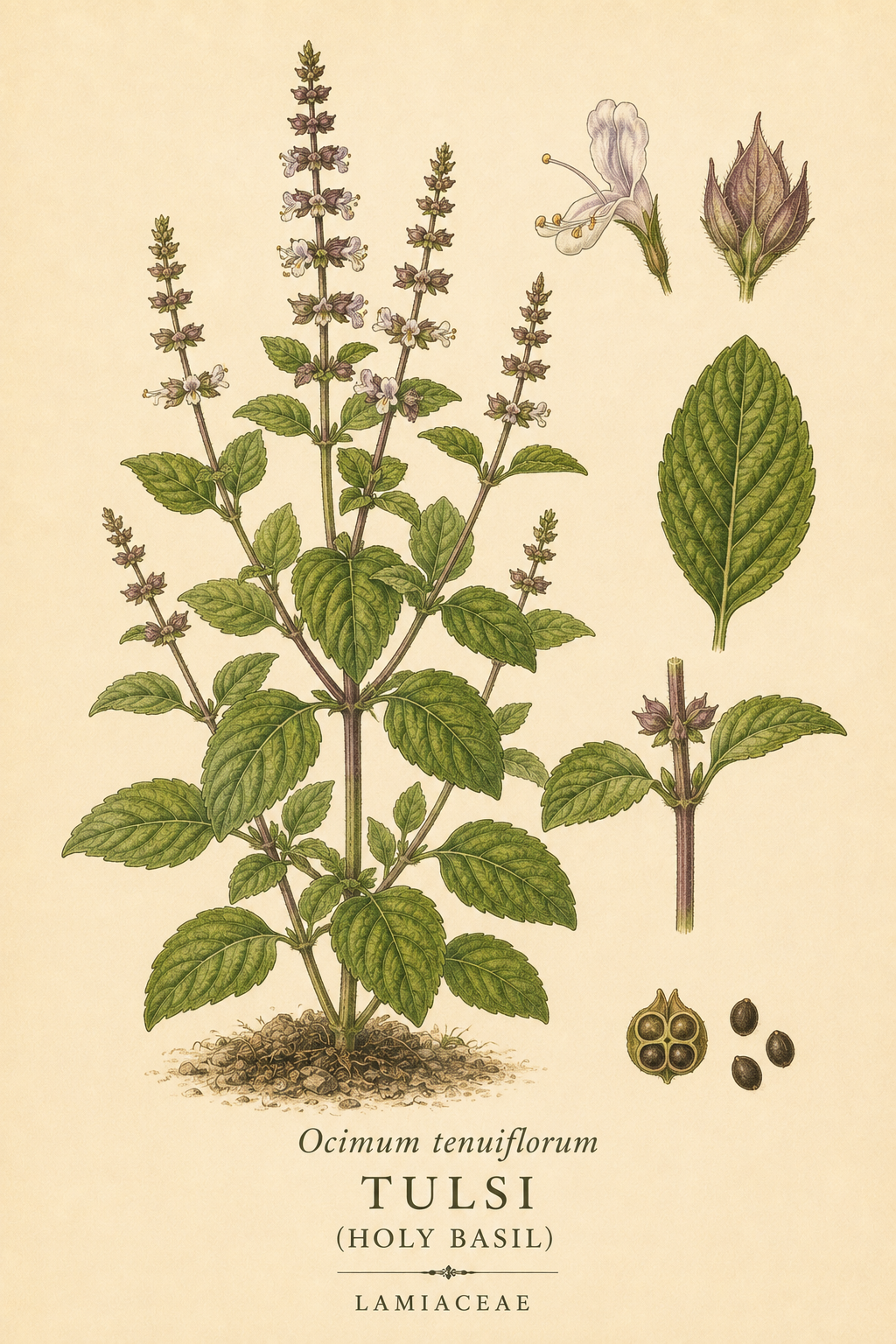 Vintage botanical profile of Tulsi Holy Basil showing Ocimum tenuiflorum whole plant, leaves, flowering spikes, flowers and seeds