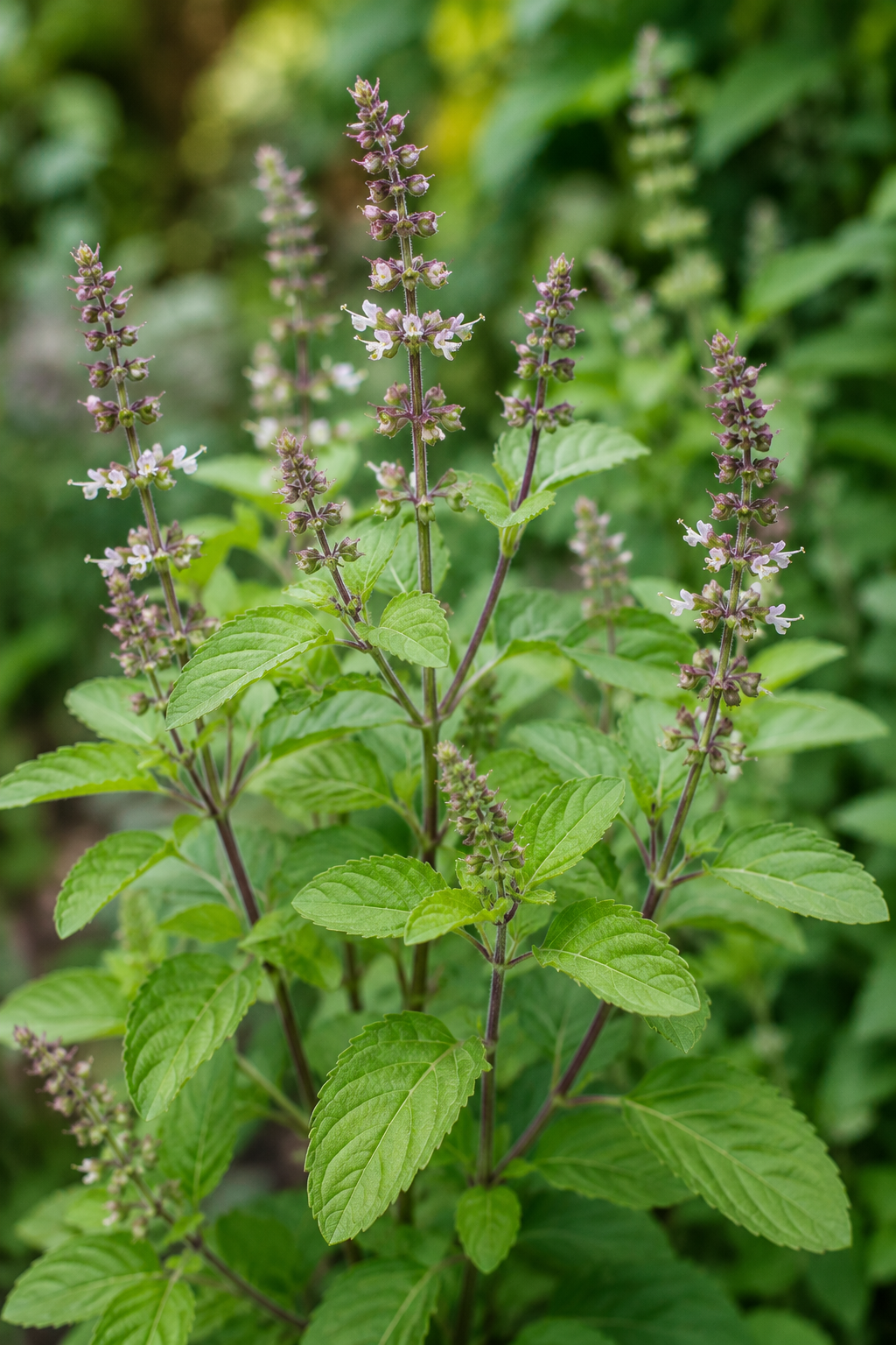 Fresh Tulsi Holy Basil plant showing Ocimum tenuiflorum leaves, stems and flowering spikes