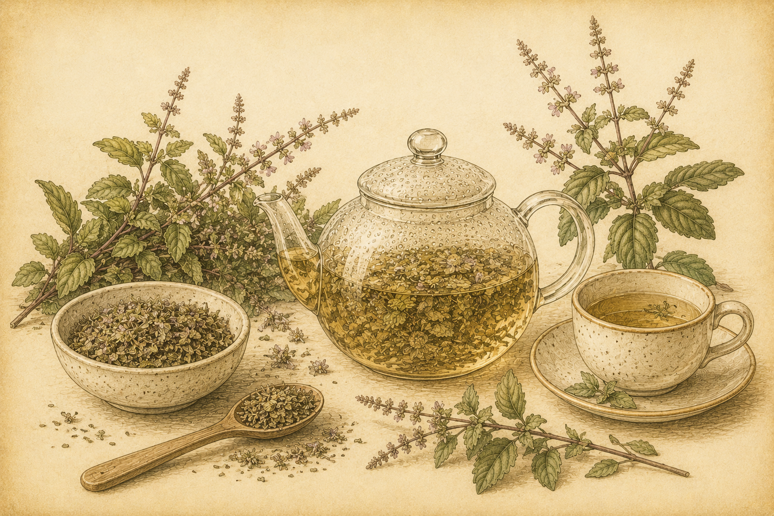 Vintage botanical illustration showing dried Tulsi, measured herb, Tulsi steeping in a glass teapot and a finished golden herbal infusion