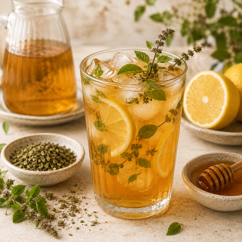 Tulsi lemon and honey iced tea with fresh lemon, honey and dried Tulsi Holy Basil