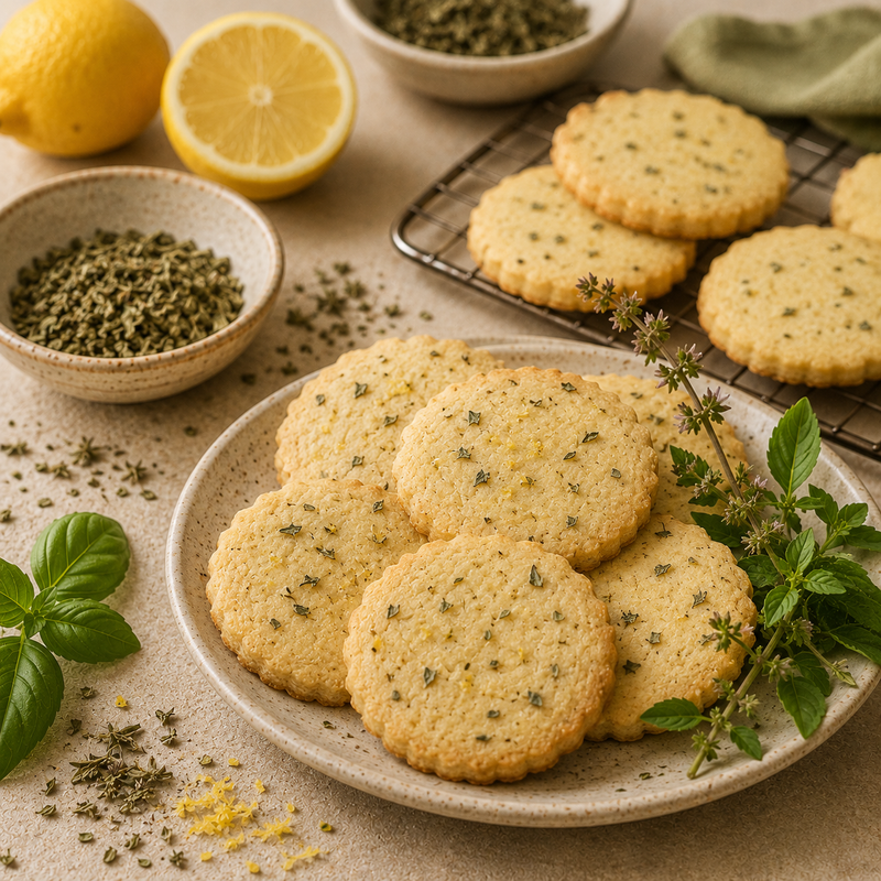 Tulsi and lemon shortbread biscuits with dried Tulsi Holy Basil, fresh lemon zest and Tulsi leaves
