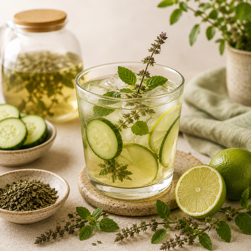 Tulsi lime and cucumber cooler with dried Tulsi Holy Basil, fresh cucumber, lime and ice