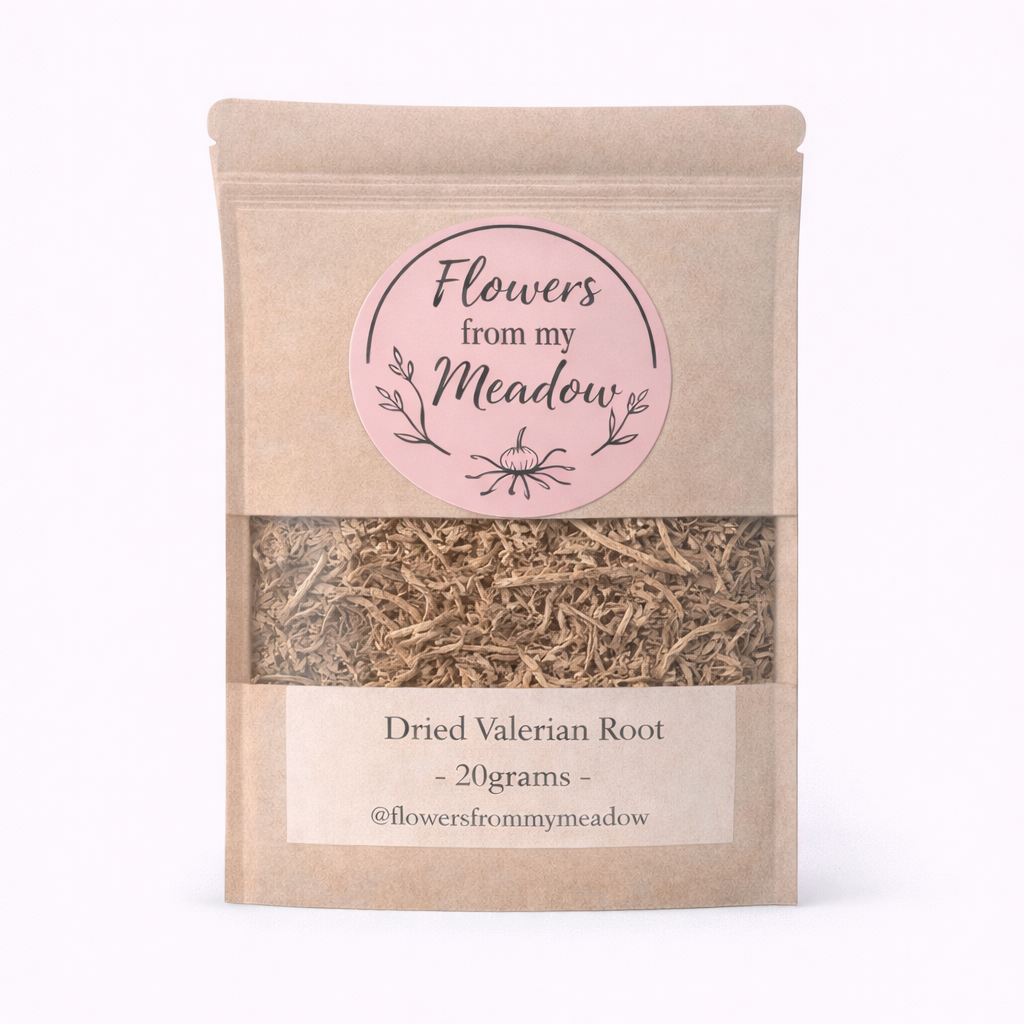 Package of dried valerian root with 'Flowers from my Meadow' label on a white background