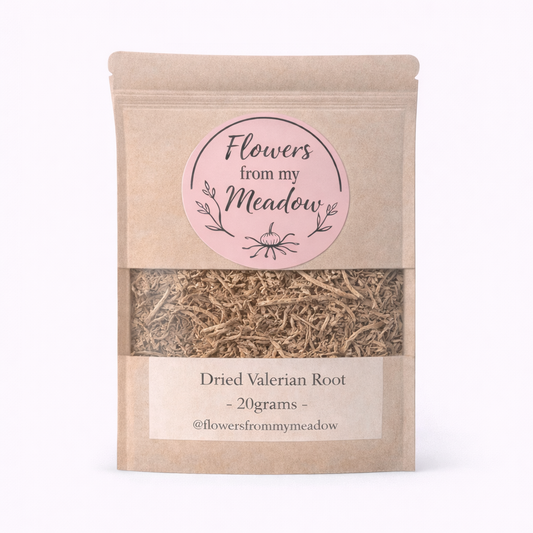 Package of dried valerian root with 'Flowers from my Meadow' label on a white background
