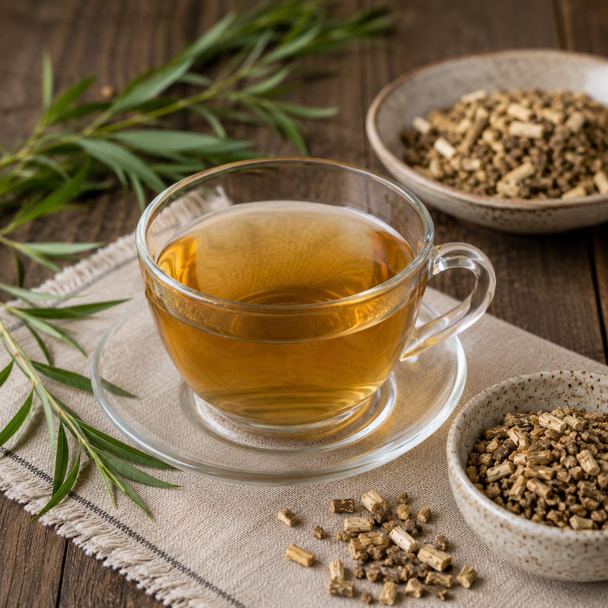 Prepared White Willow Bark tea decoction with dried Salix alba bark