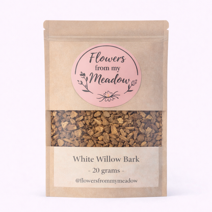 Kraft paper packaging with a pink label for 'Flowers from my Meadow' containing white willow bark.