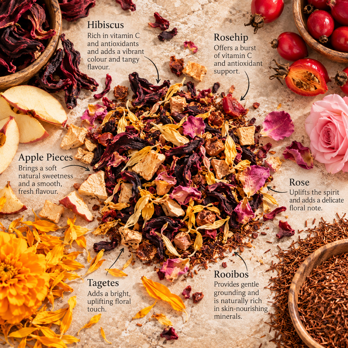 Wild Cherry Tea blend with hibiscus, rosehip, apple, rose, tagetes and rooibos