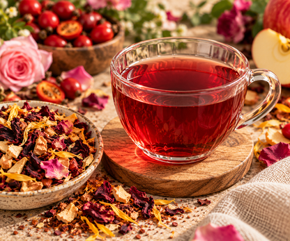Filtered Wild Cherry Tea with hibiscus, rosehip, apple, rose, tagetes and rooibos